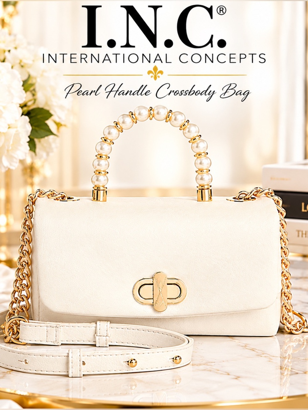INC International Concepts Pearl Handle Crossbody Bag in Cream